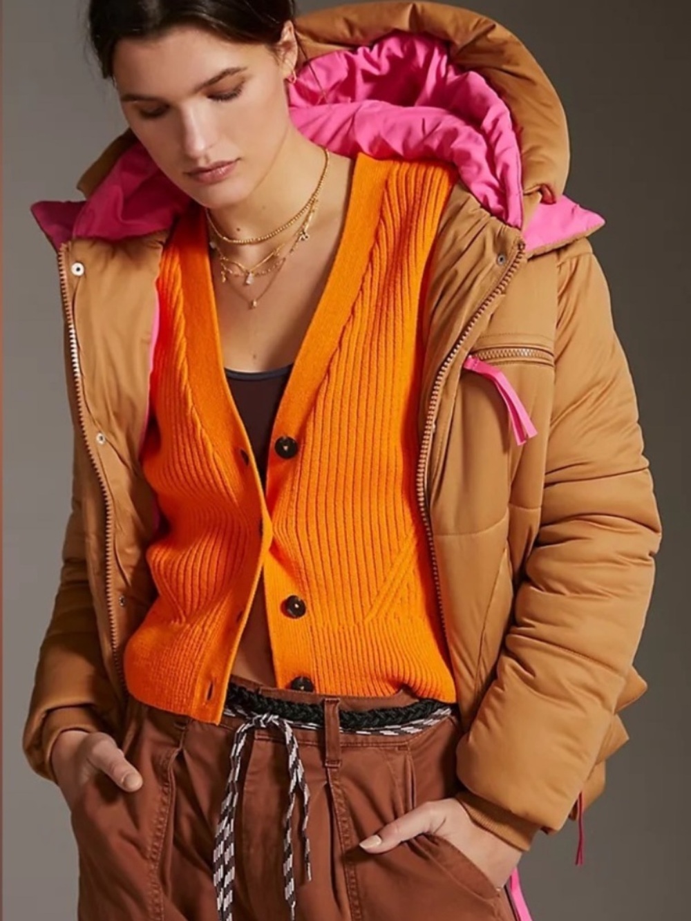 Anthropologie Avec Les Filles Color Block Puffer Jacket Cedar Hot Pink Coat